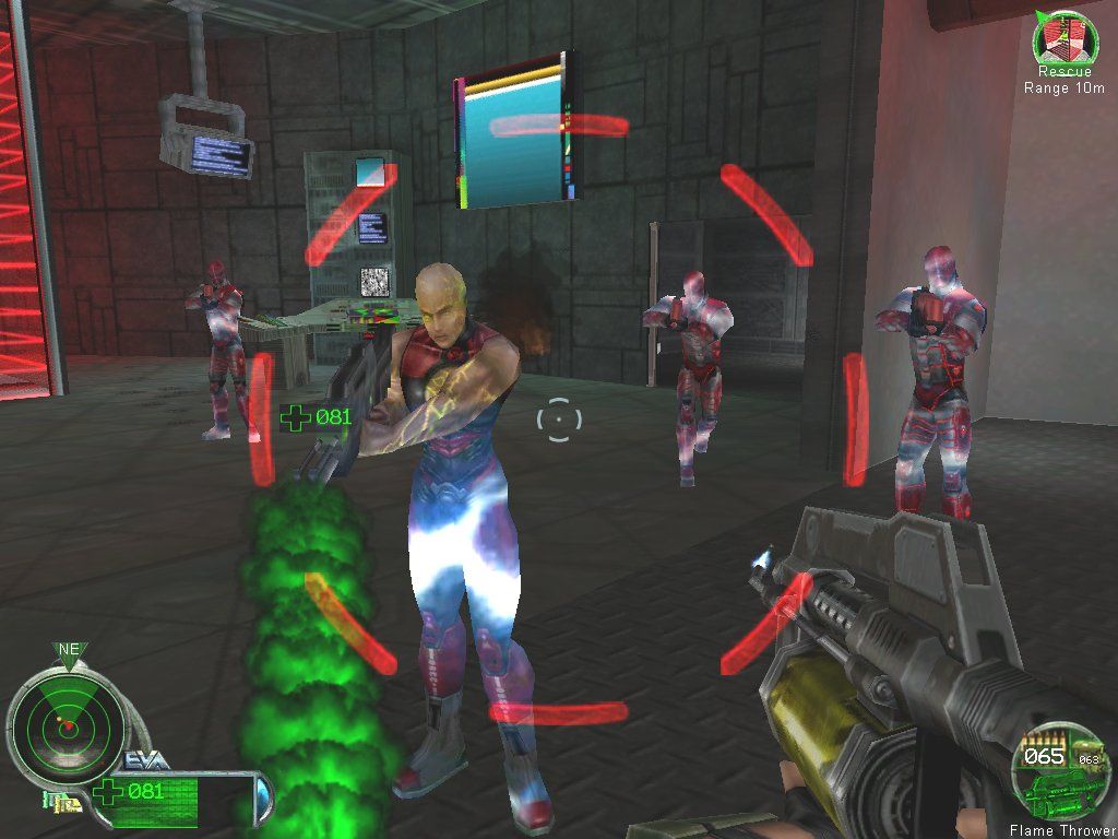 Command & Conquer: Renegade (Windows) screenshot: Petrova herself is tough enough, but on top of that she's assisted by half a dozen Stealth troopers as well as assorted Visceroids and Tiberium Mutants. A tactical retreat is probably in order.