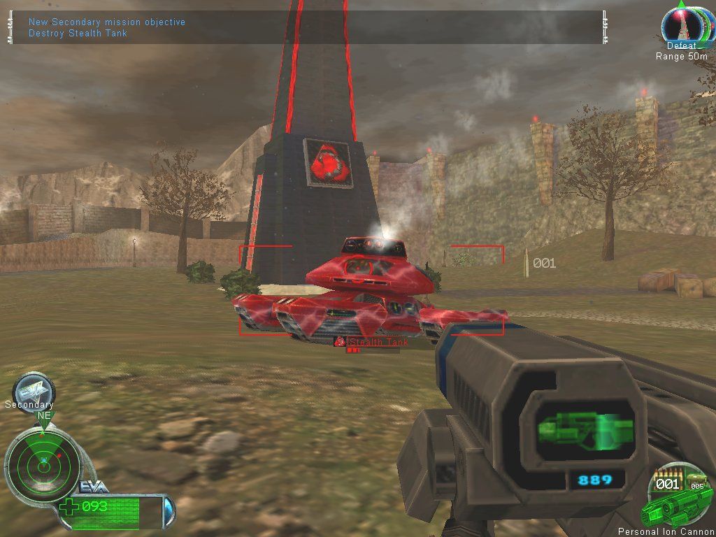 Command & Conquer: Renegade (Windows) screenshot: Battling a NOD stealth tank in the shadow of an Obelisk's anti-infantry laser isn't very smart