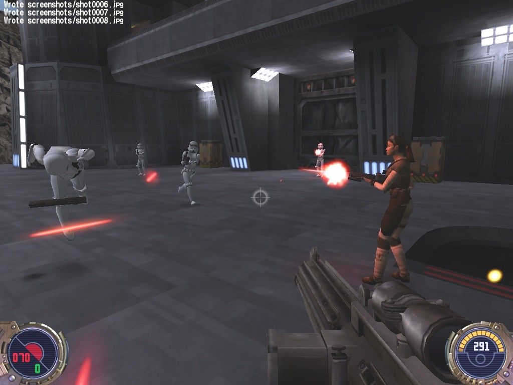 Star Wars: Jedi Knight II - Jedi Outcast (Collector's Edition) (Windows) screenshot: First Mission: Your partner Jan Ors (brought to life with Elite Force A.I.) helps you blast Imperial Stormtroopers on Kejim.
