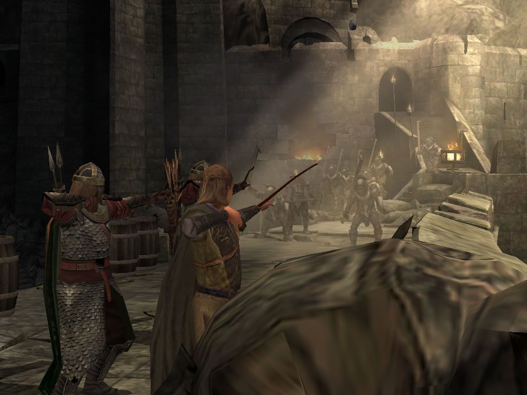 The Lord of the Rings: The Return of the King (Windows) screenshot: Legolas and some archers try to clear a bridge in Helm's deep.