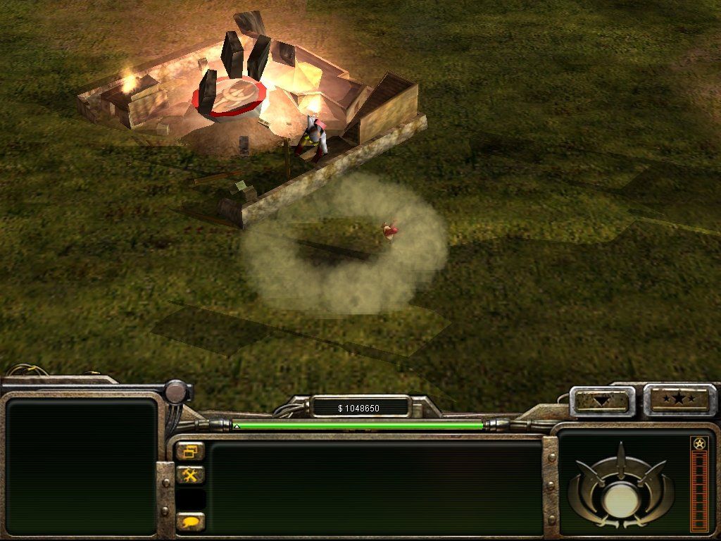 Command & Conquer: Generals (Windows) screenshot: This is the result of a suicide bomber, who you can see in the air (GLA).