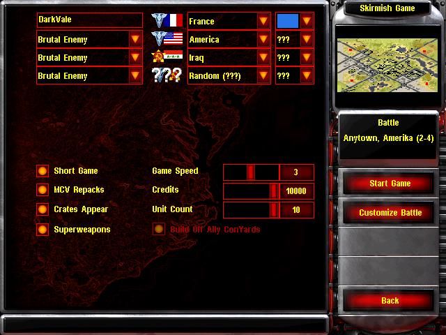 Command & Conquer: Red Alert 2 (Windows) screenshot: Customizing the skirmish mode (Single Player)