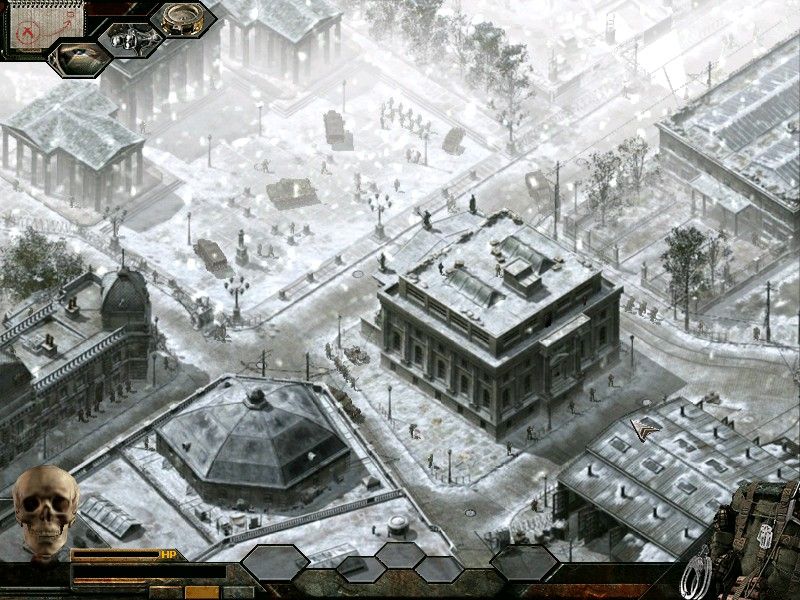 Commandos 3: Destination Berlin (Windows) screenshot: Once any of your characters get killed (not the skull in the lower right corner), the mission is over.