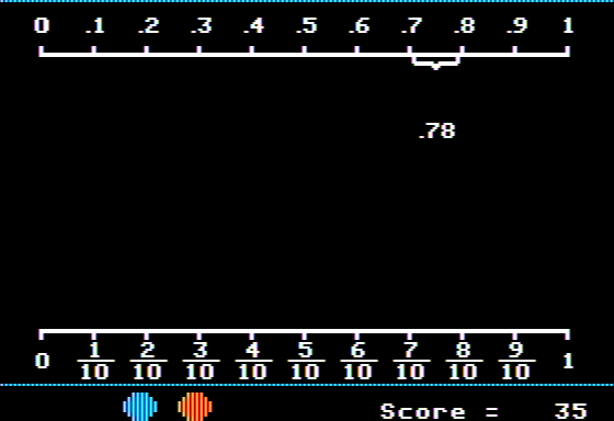 Decimal Concepts (Apple II) screenshot: Decimal Bounce - Positioning a Decimal