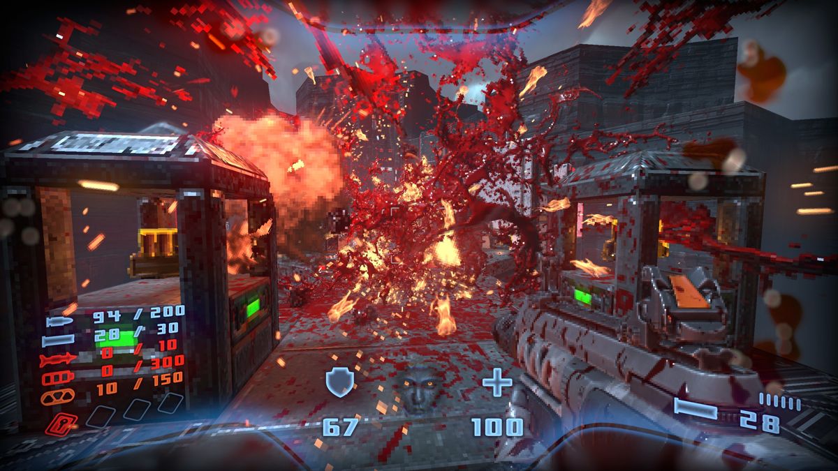 Prodeus (Windows) screenshot: Enemies explode with a lot of gore, especially when using the shotgun (v0.2.4 Early Access version).