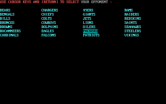 Armchair Quarterback (DOS) screenshot: Team selection. Remember this game uses the numeric keypad to move around the list