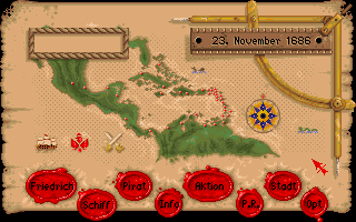 St. Thomas (Amiga) screenshot: Start of the game on the map with various options