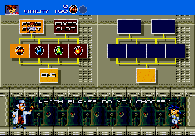 Gunstar Heroes (Genesis) screenshot: Select which Gunstar Hero you want to be; Free Shot (Gunstar Red) can run while firing; Fixed Shot (Gunstar Blue) can't move while firing, but can fire in 8 directions!