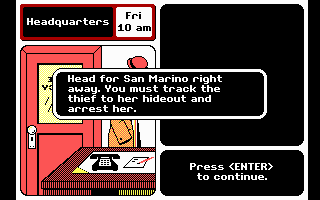 Where in Europe is Carmen Sandiego? (DOS) screenshot: Briefing for a new mission