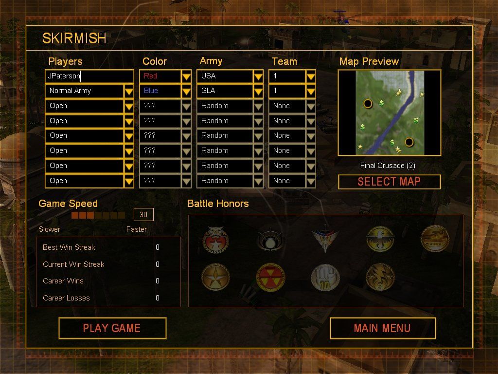 Command & Conquer: Generals (Windows) screenshot: Setting up a skirmish game.