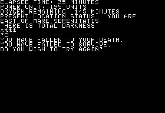Survival (Apple II) screenshot: Stumbled to my Death on the Dark Side of the Moon