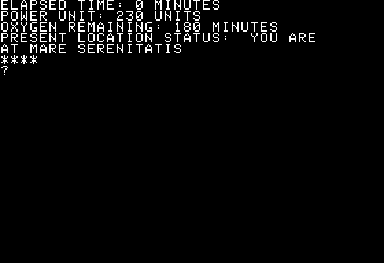Survival (Apple II) screenshot: Starting on Mare Sarentitas