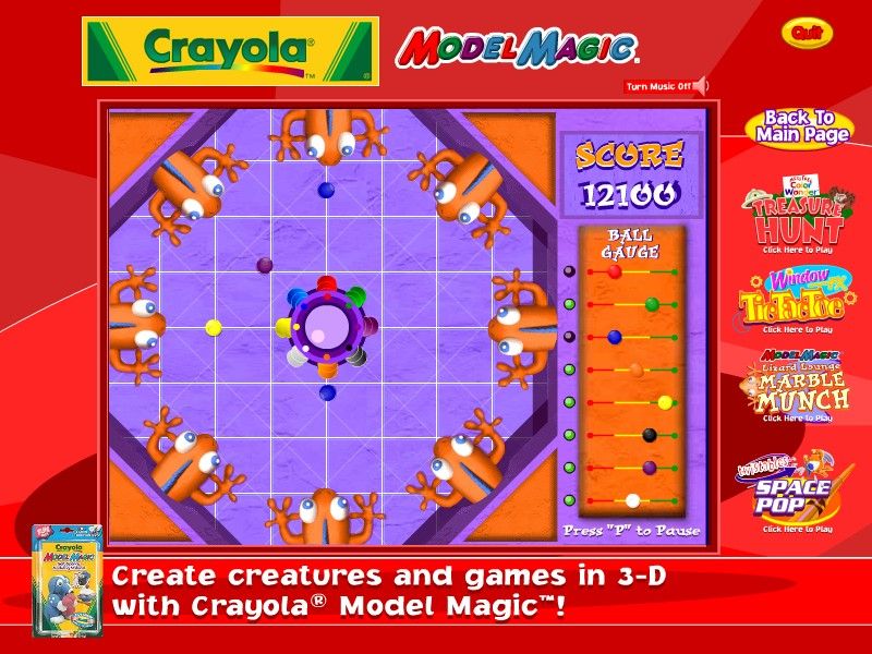 Crayola Arcade (Windows) screenshot: Rotate the hub to catch the clay balls in the correct containers.