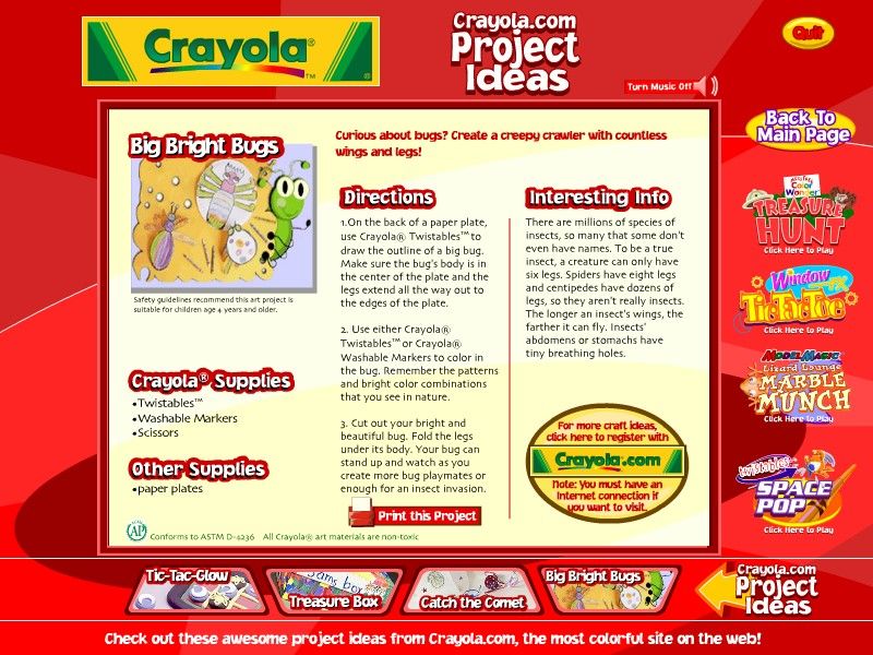 Crayola Arcade (Windows) screenshot: A "project idea" for extending the Crayola brand fun into the real world.