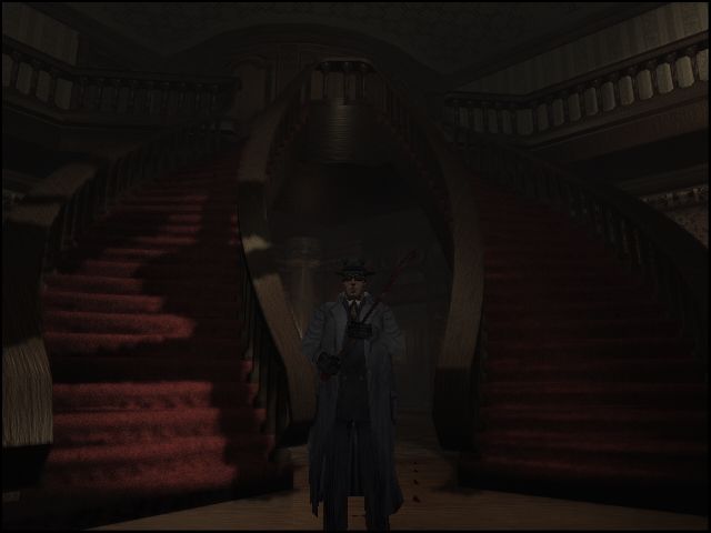 Nocturne (Windows) screenshot: The Stranger stands in the entrance of the House on the Edge of Hell.