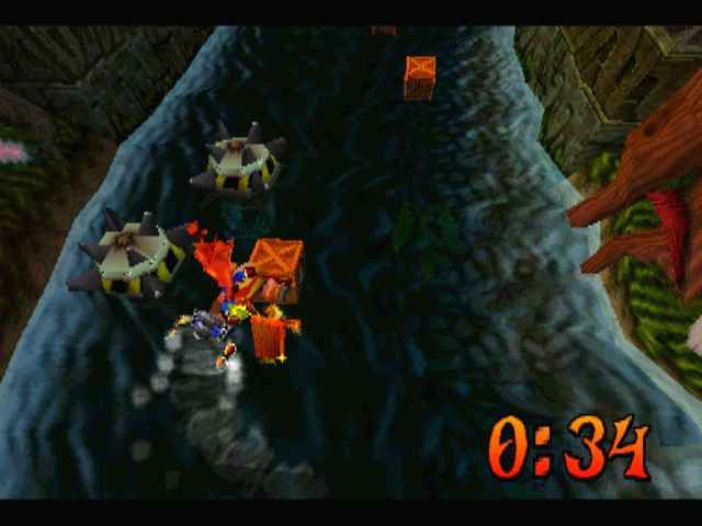 Crash Bandicoot 2: Cortex Strikes Back (PlayStation) screenshot: Don't hit the mines.