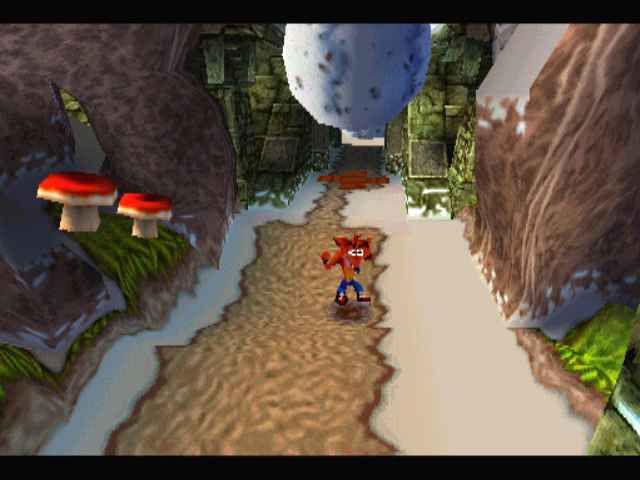 Crash Bandicoot 2: Cortex Strikes Back (PlayStation) screenshot: Being chased by a huge boulder.
