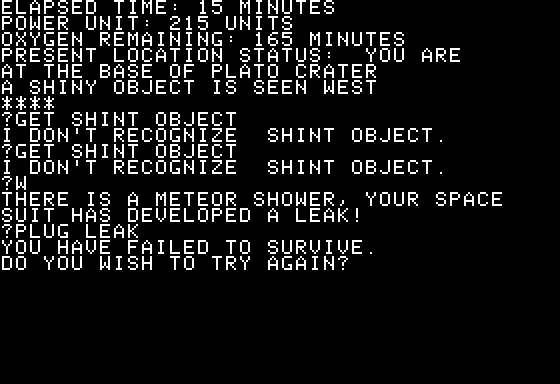 Survival (Apple II) screenshot: Depressurized During a Meteor Storm