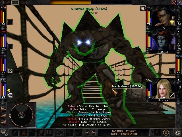 Wizardry 8 (Windows) screenshot: No magic is effective against a Marble Golem. Just whack him to death.