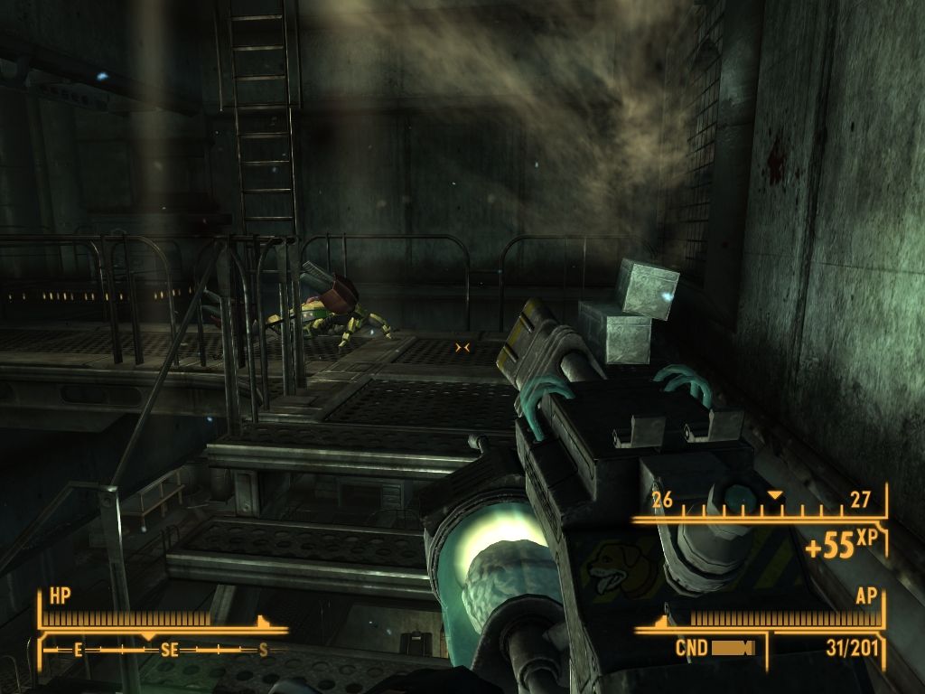 Fallout: New Vegas - Old World Blues (Windows) screenshot: Most of abandoned laboratories doesn't look friendly - dusty, dark and rusty, with dangers waiting in every corner.