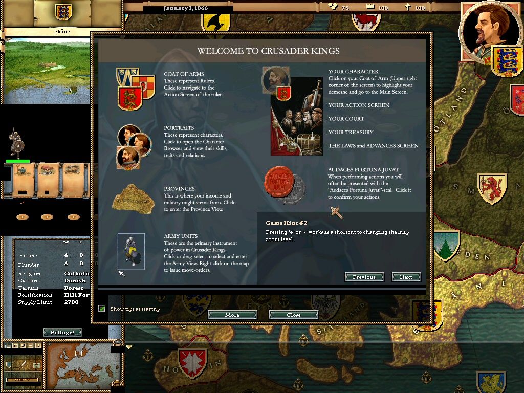 Crusader Kings (Windows) screenshot: Welcome message when scenario starts