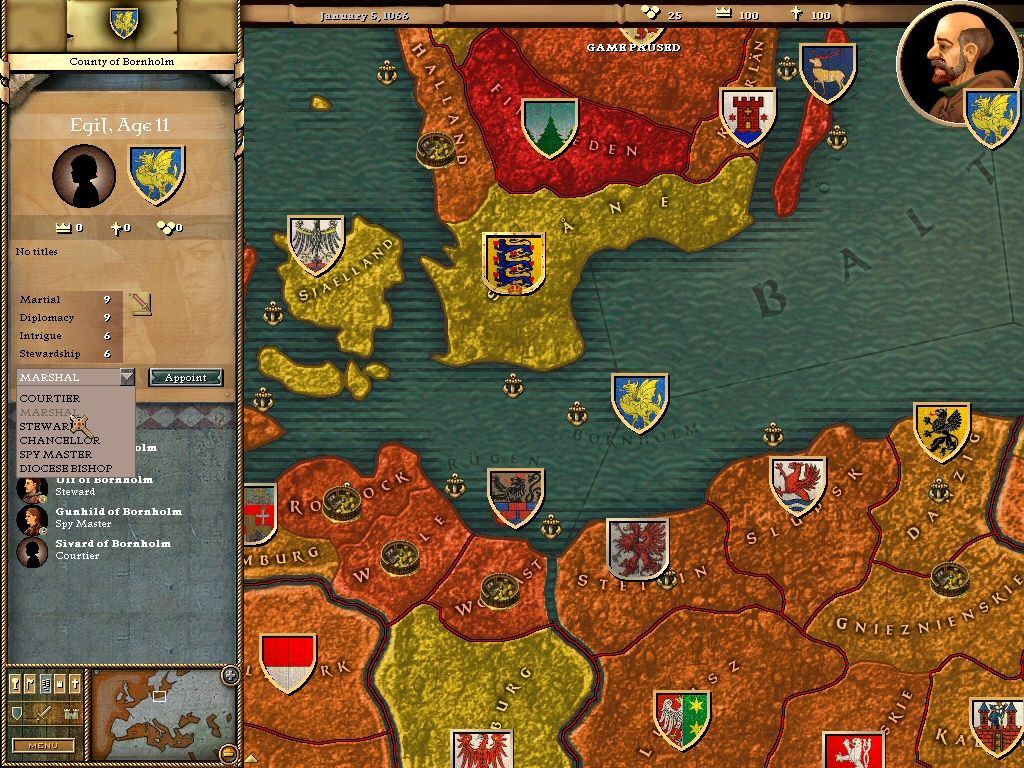Crusader Kings (Windows) screenshot: Appoint members of the court to different duties