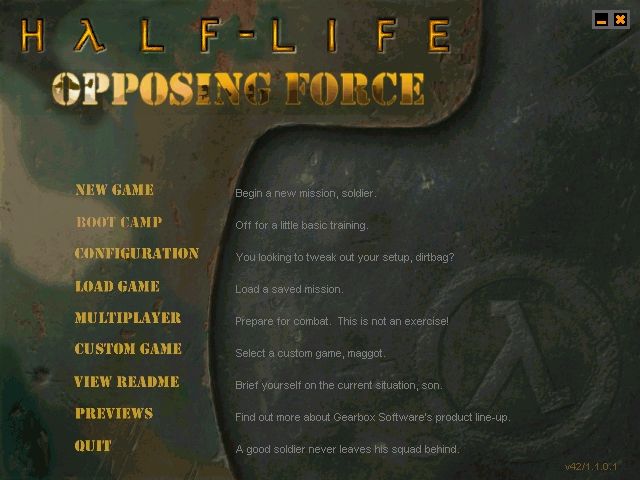 Half-Life: Opposing Force (Windows) screenshot: Main menu (original retail version)
