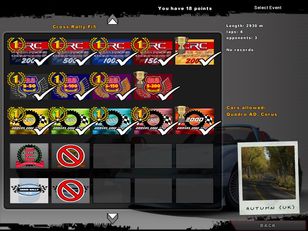 Cross Racing Championship 2005 (Windows) screenshot: Race selection screen. The ones with a red circle still need to be unlocked.