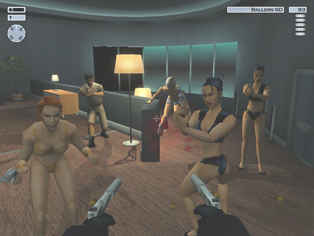 Hitman 2: Silent Assassin (Windows) screenshot: More scantily clad gals with guns. Dead or Alive + Mr. 47 = Dead. Period. Necrophilics only need apply.