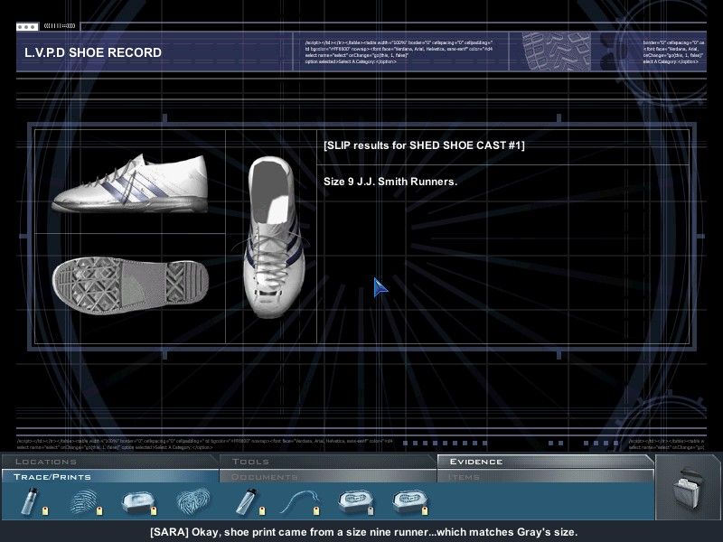 CSI: Crime Scene Investigation (Windows) screenshot: Taking footprints bearing some results.