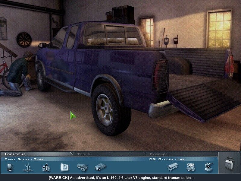 CSI: Crime Scene Investigation (Windows) screenshot: Examining the pickup truck suspected to be on a crime scene.