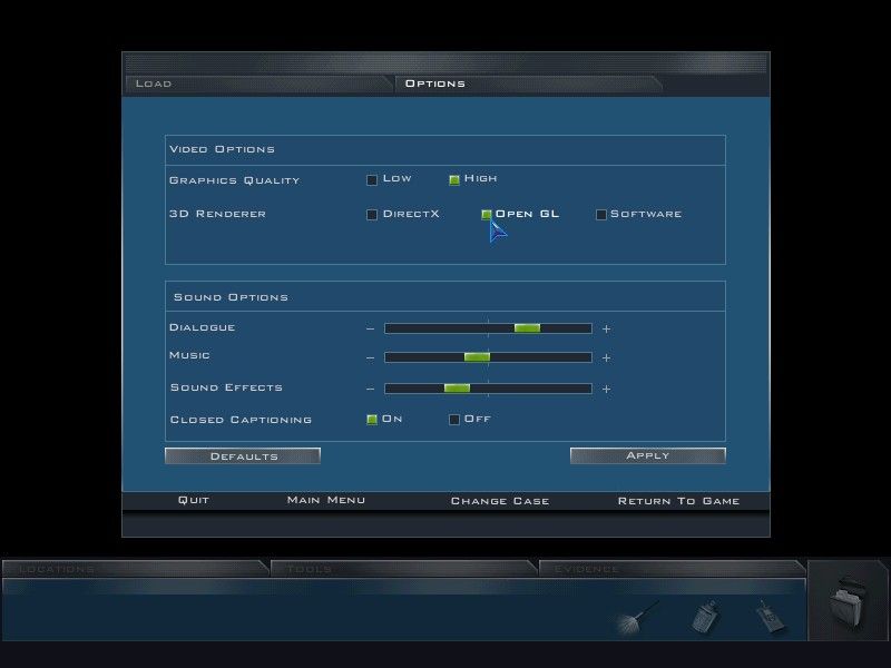CSI: Crime Scene Investigation (Windows) screenshot: The main options screen.