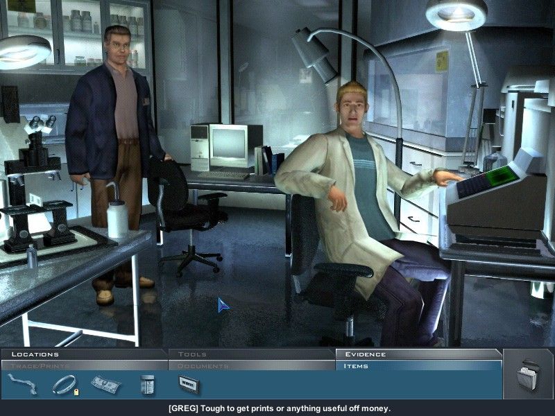 CSI: Crime Scene Investigation (Windows) screenshot: Giving some evidence to Greg at lab, for further analysis.