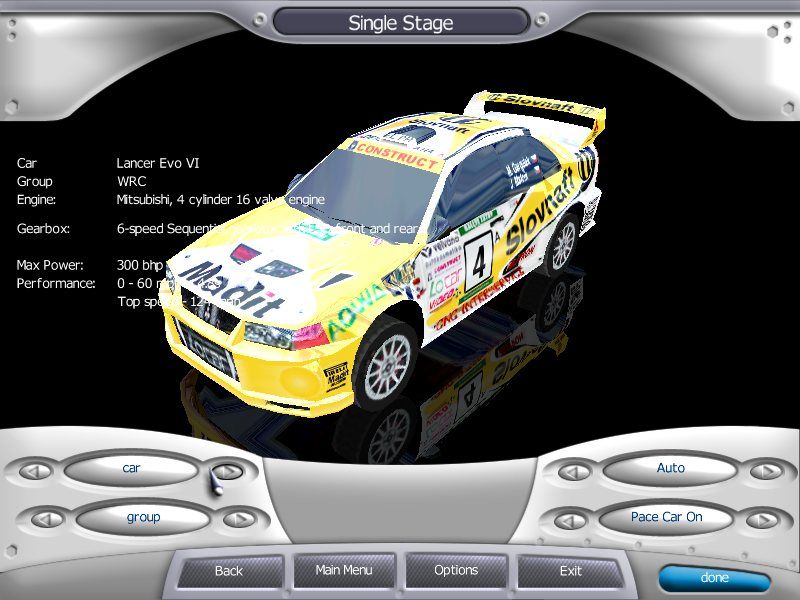 Rally Championship Xtreme (Windows) screenshot: Car selection - Lancer Evo VI - cars are spinning