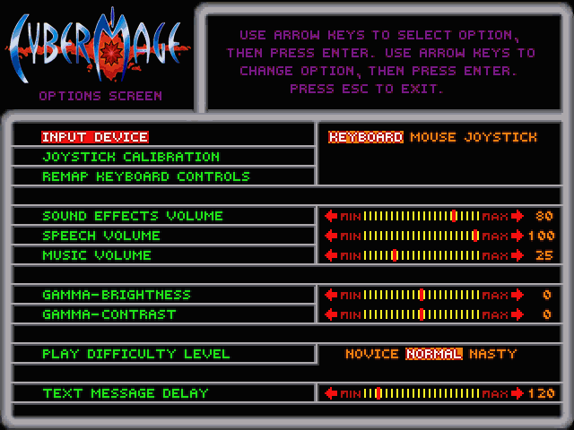 CyberMage: Darklight Awakening (DOS) screenshot: Options screen
