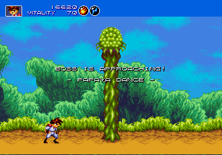 Gunstar Heroes (Genesis) screenshot: the first boss is ... a plant?