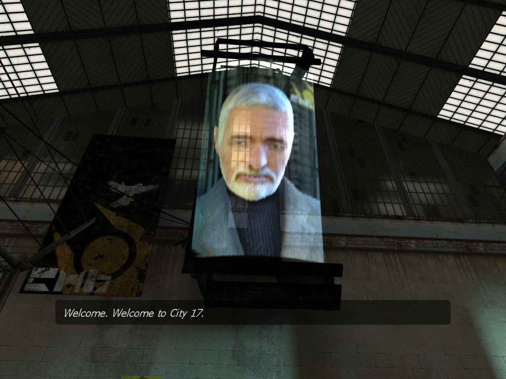 Half-Life 2 (Windows) screenshot: "Big Brother" welcomes you to your new home...