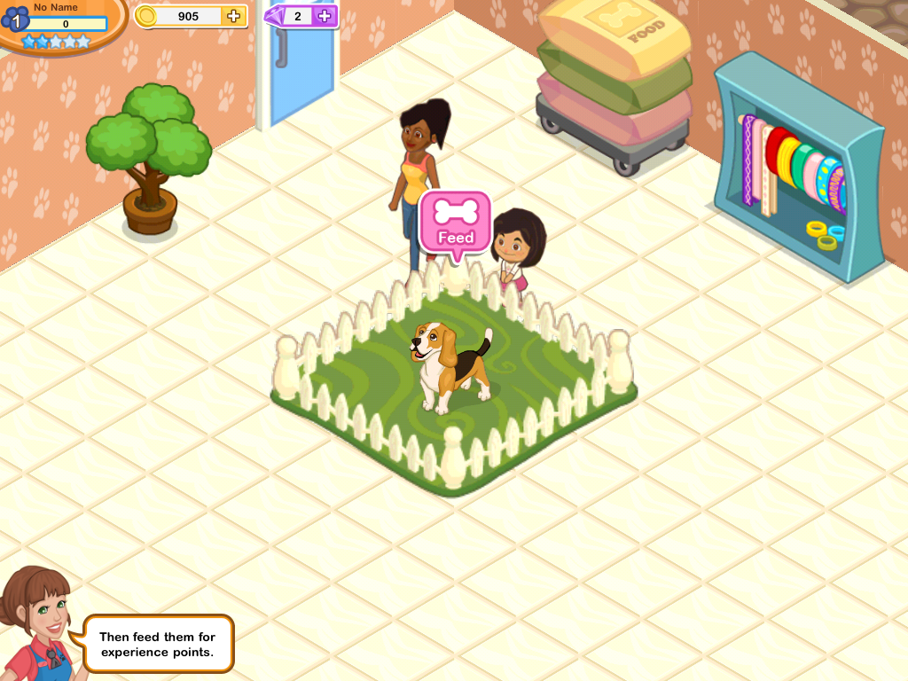 Pet Shop Story (iPad) screenshot: Look, we have a dog! Let's feed him!..