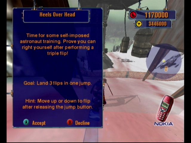 Dark Summit (GameCube) screenshot: A description of the next challenge