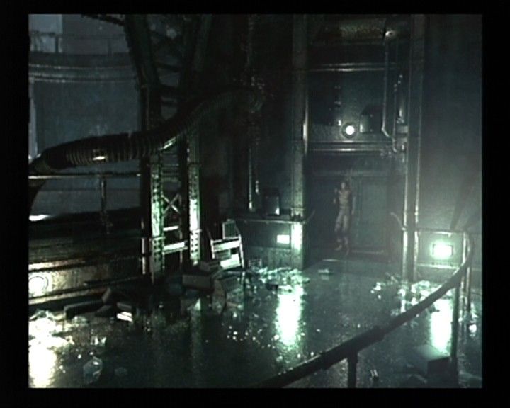 Resident Evil (GameCube) screenshot: Chris Scenario - Water effects are great, lighting effects are great, but once you combine them, it casts you to the outer limits of in-game graphic