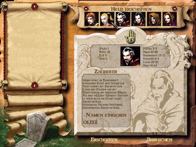 Darkstone (Windows) screenshot: Choosing a character