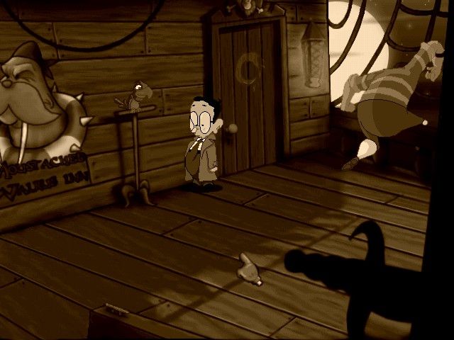 Tony Tough and the Night of Roasted Moths (Windows) screenshot: If you're feeling nostalgic, "sepia" mode makes the game look sort of like an old movie.