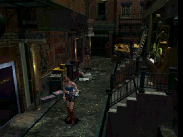 Resident Evil 3: Nemesis (PlayStation) screenshot: Alone, bleeding, and in a dark alleyway