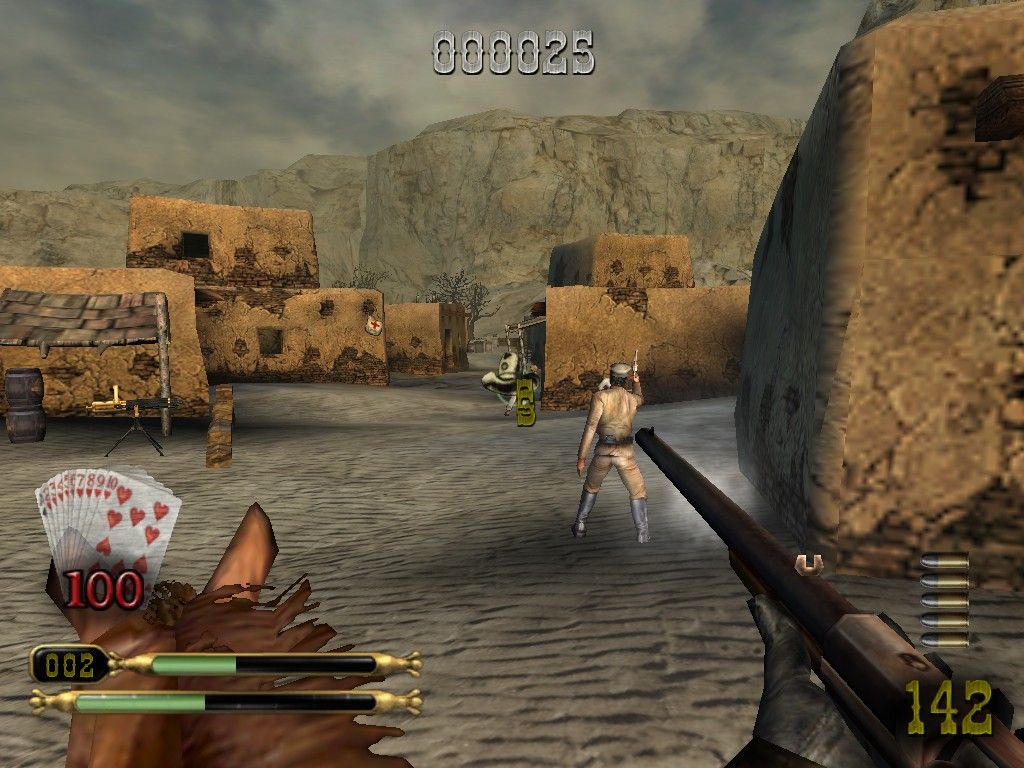 Dead Man's Hand (Windows) screenshot: Riding on a horse and taking out the badguys.