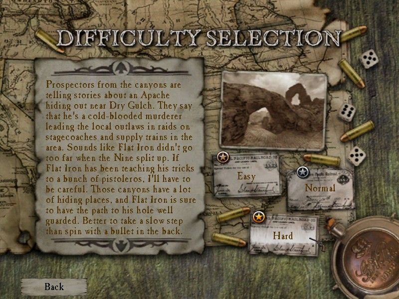 Dead Man's Hand (Windows) screenshot: Mission briefing and difficulty selection.