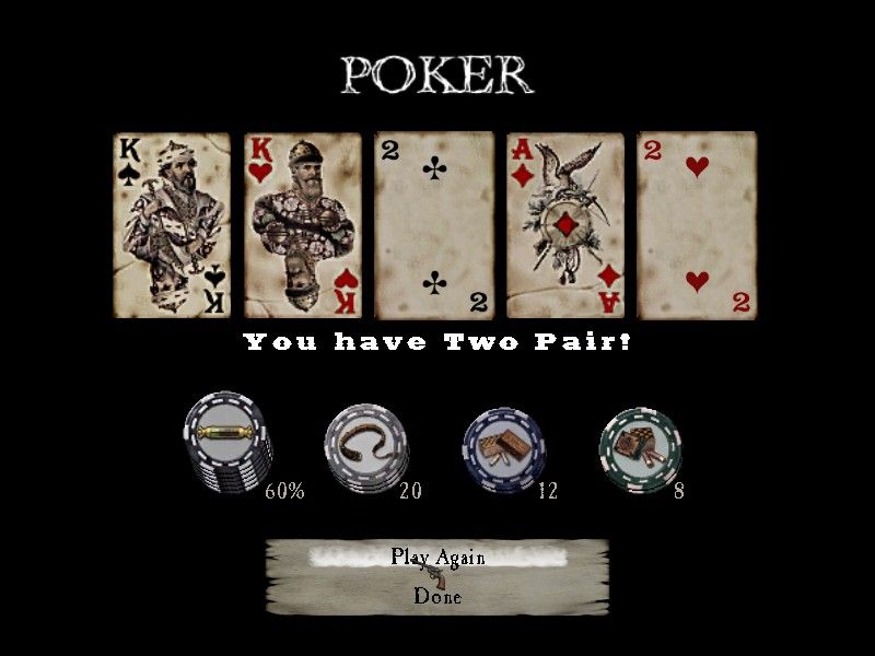 Dead Man's Hand (Windows) screenshot: Finally, each level begins with a draw poker game where you can win extra ammunition.