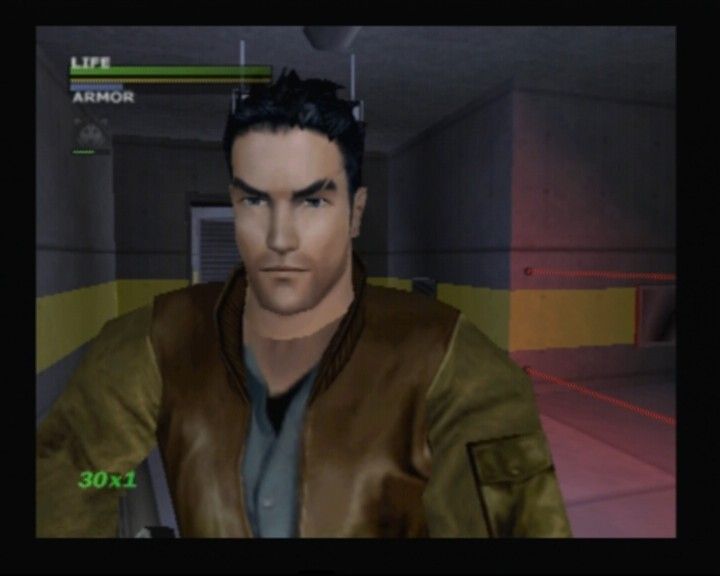 Dead to Rights (PlayStation 2) screenshot: You can bring Jack closer to the camera... looky, is that a graphic glitch or does he really have a scar