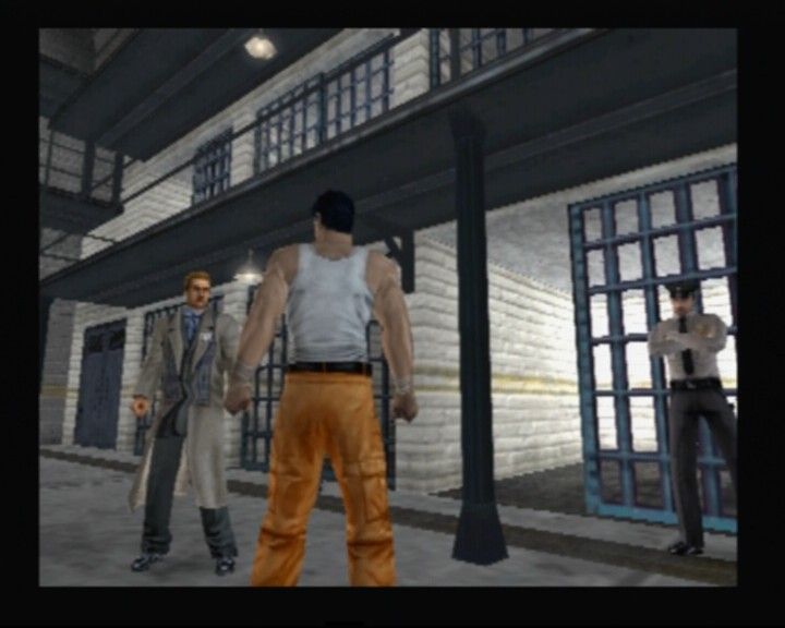 Dead to Rights (PlayStation 2) screenshot: This reporter couldn't've come in better time, just to prevent Jack getting a payback from the guards