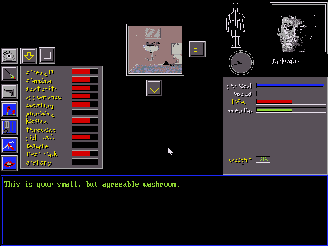 Defender of Boston: The Rock Island Mystery (DOS) screenshot: A list of some of your character stats.