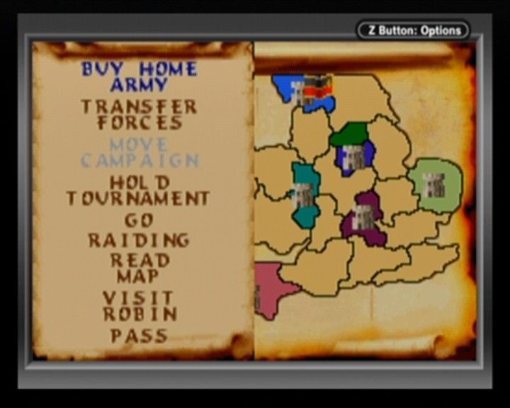 Defender of the Crown (Game Boy Advance) screenshot: A map on England (right) and a main in-game menu (left).